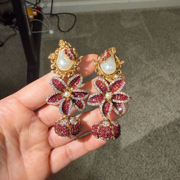 Turkish Elegant Gold and Red Floral Drop pearl Earrings - Picture 3 of 4